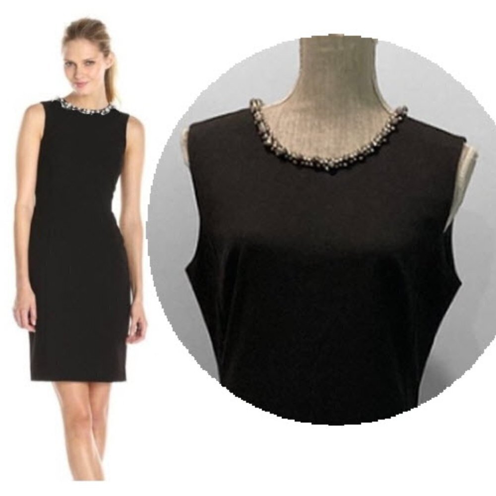 MADAME Ms Black Sleeveless Dress Beaded Neckline Sheath Size LARGE 42 Chic